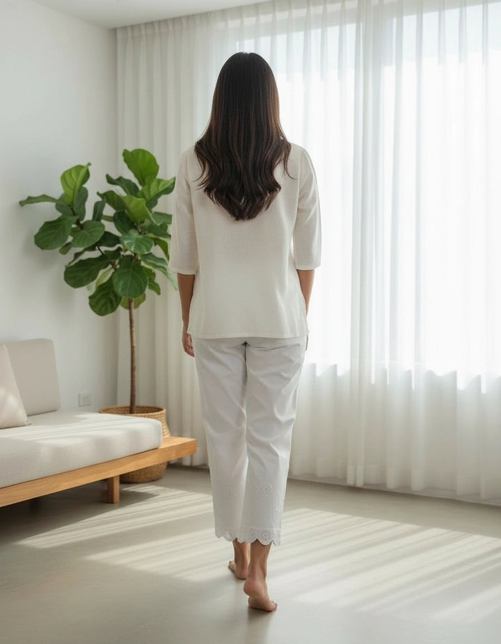 White Stretchable Cotton Chikankari Pant Custom -Made