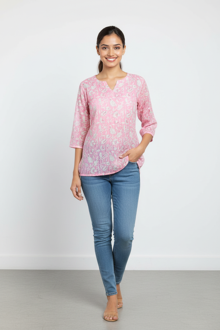 Peach Printed Cotton Short Kurta