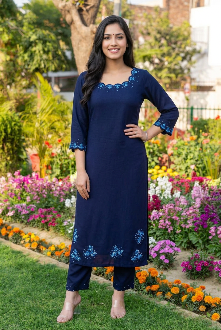 Navy Blue Rayon Chikankari Kurta with Pant Set- Custom Made (RY-121)