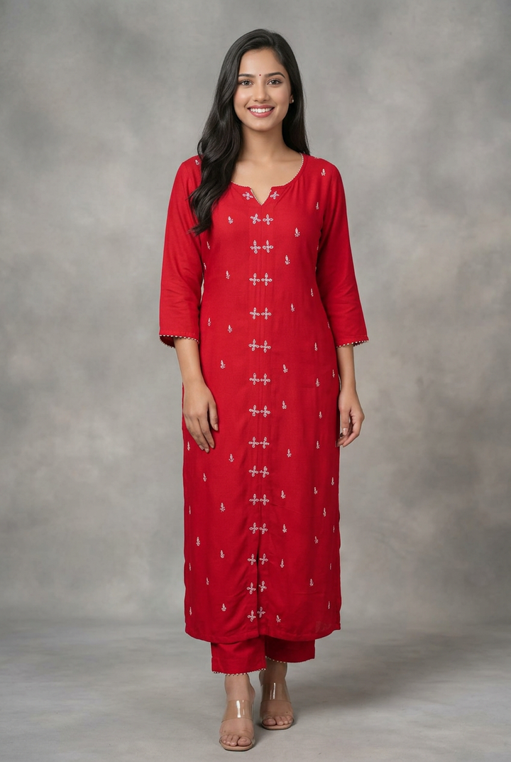 Red Rayon Chikankari Kurta With Pant Set -Custom Made