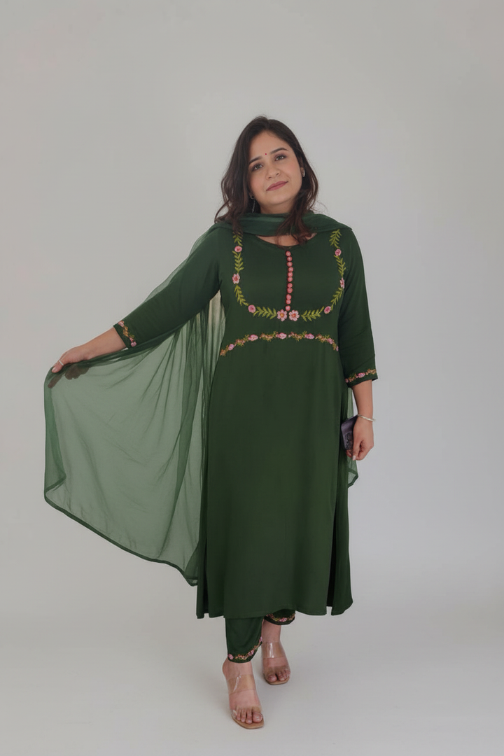 Mehndi Green Rayon A-Line Chikankari Suit Set -Custom Made