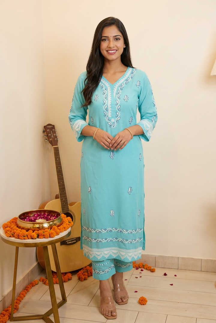 Sky Blue Rayon Chikankari Kurta Pant Set -Custom Made