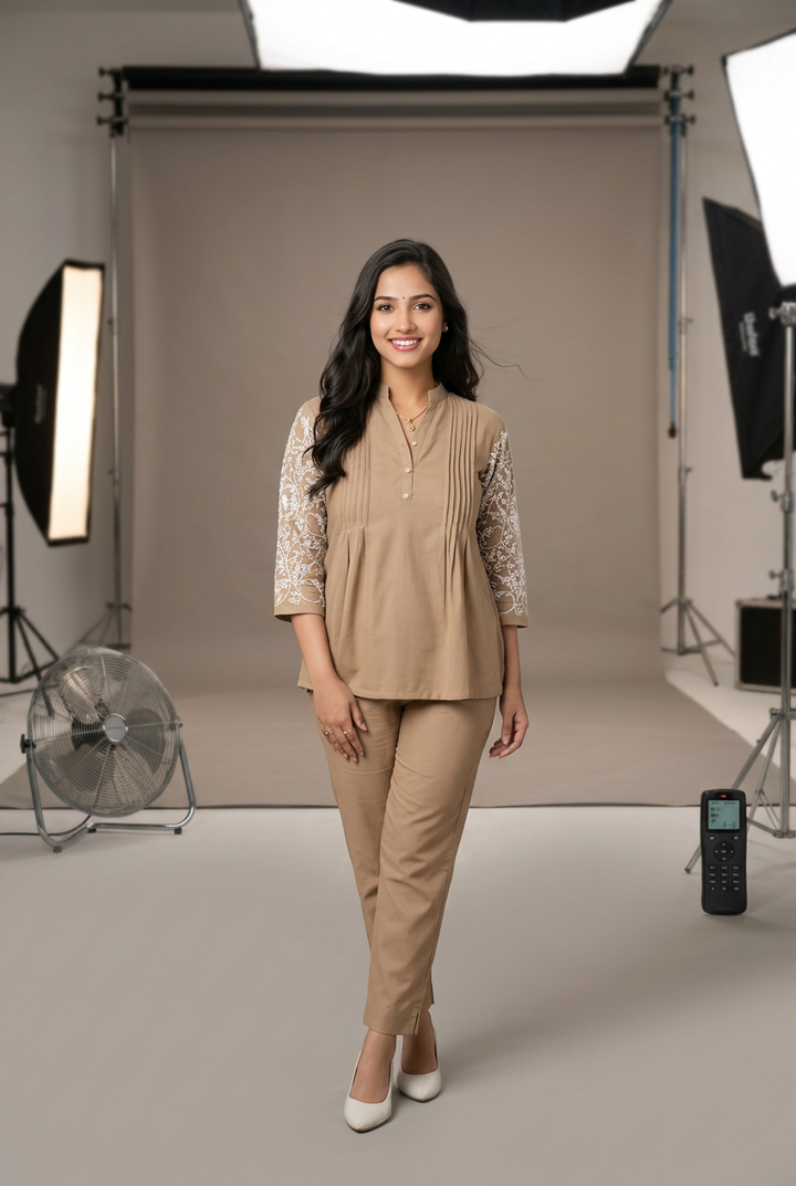 Linen Linen Brown Chikankari Co-ord Set-Custom Made