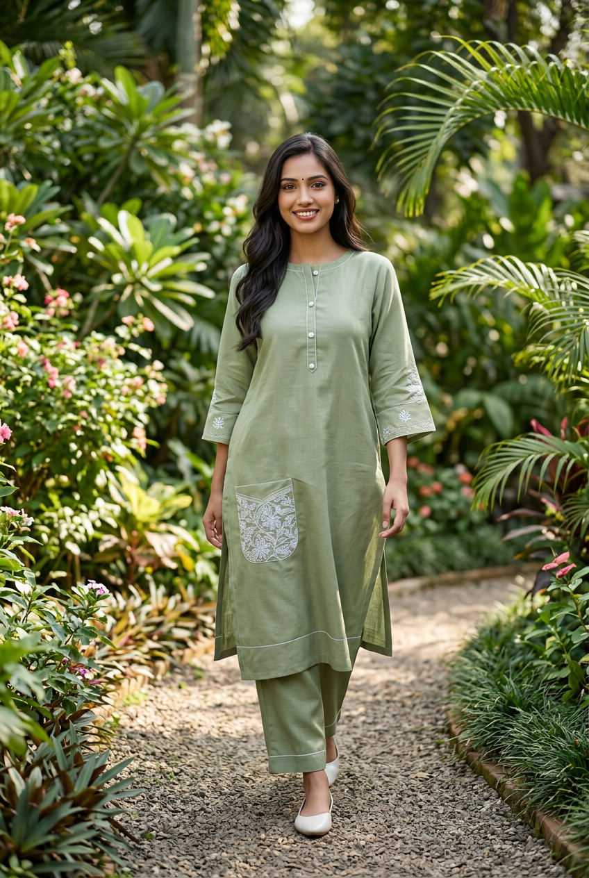Linen Light Green Chikankari Co-ord Set-Custom Made
