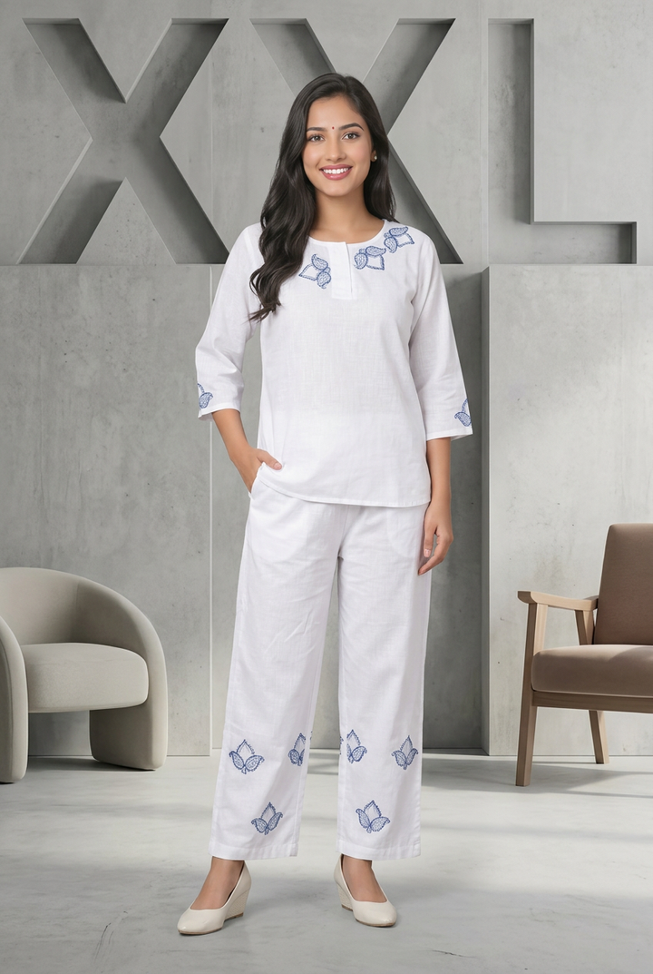 Linen White Chikankari Co-ord Set -Custom Made