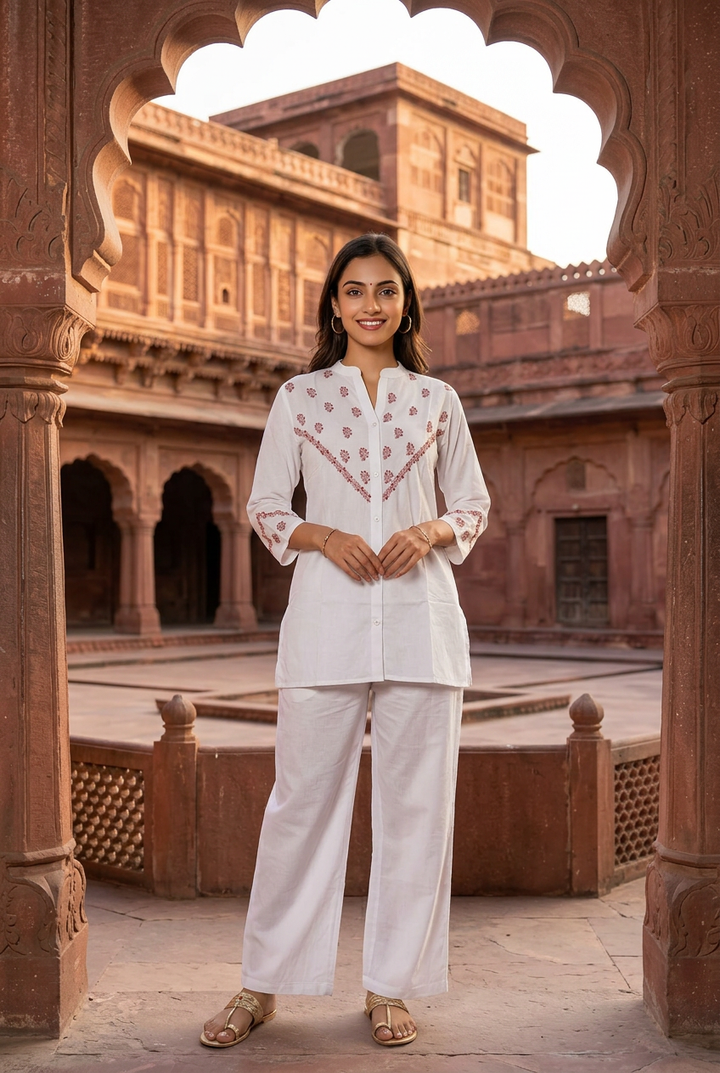 White Rayon Chikankari Short Kurta-Custom Made