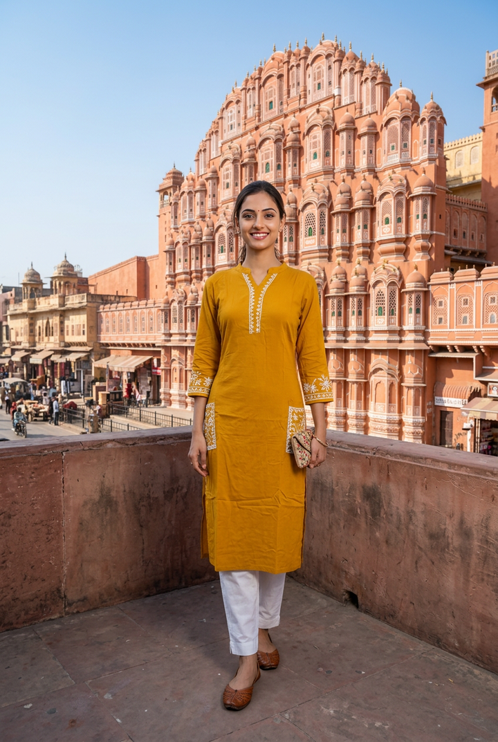 Mustard Rayon Chikankari Kurta-Custom Made