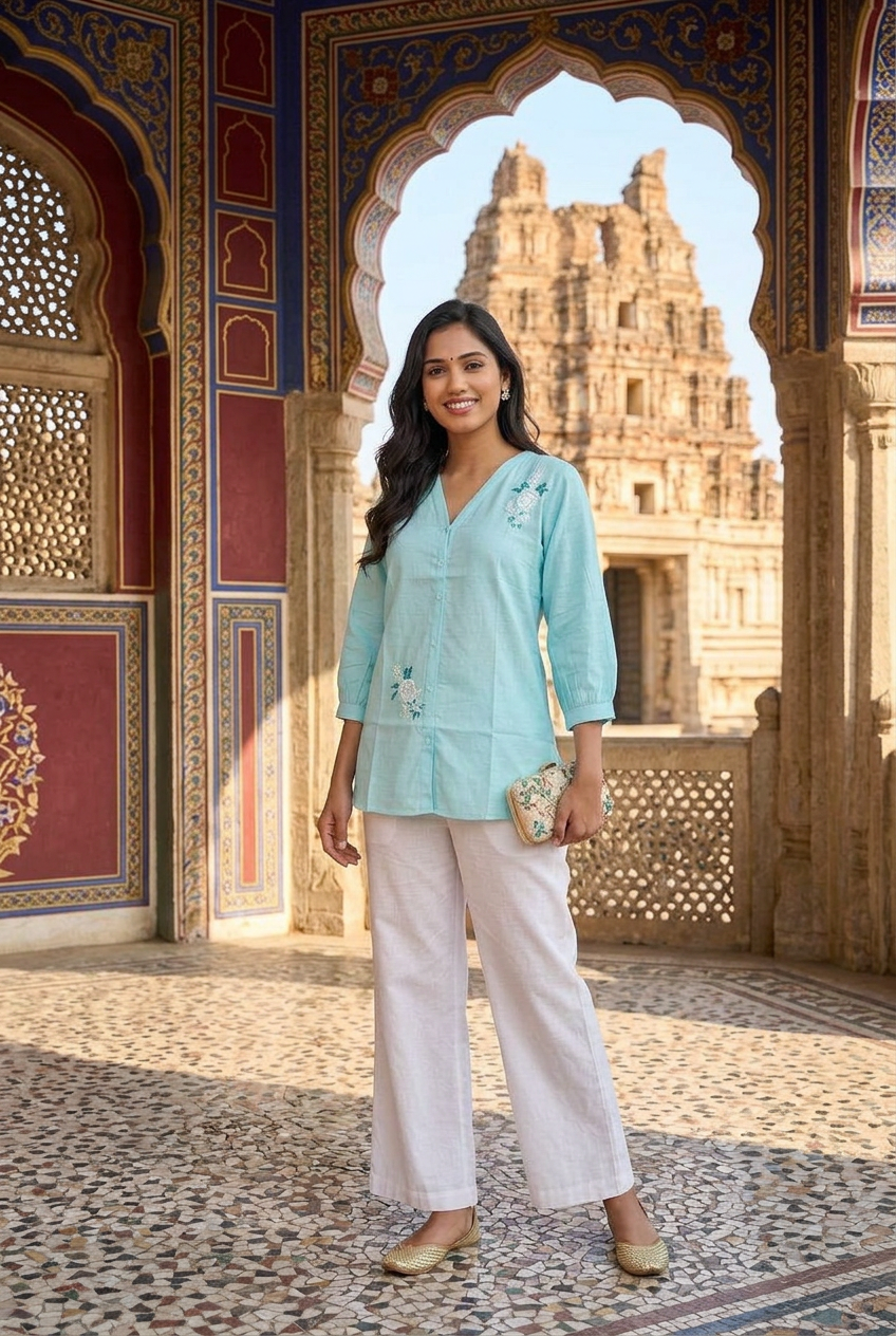 Sky Blue Cotton Chikankari Short Kurta-Custom Made