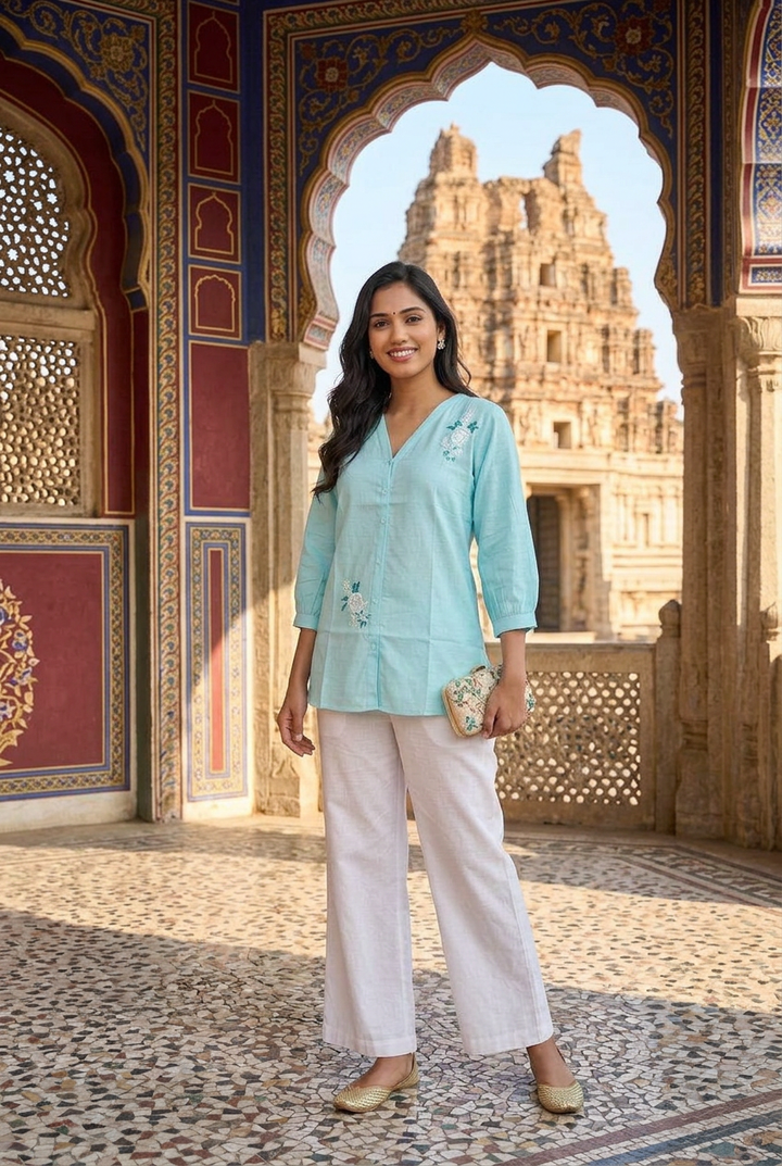 Sky Blue Cotton Chikankari Short Kurta-Custom Made