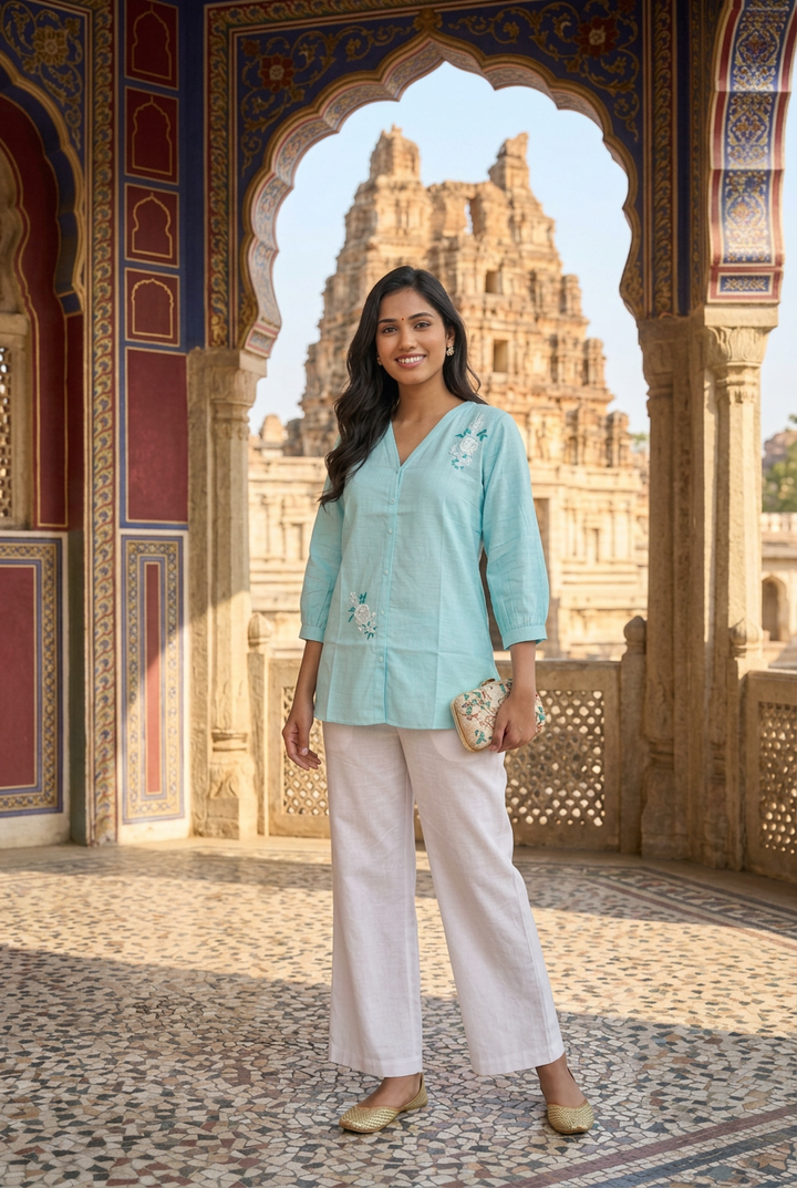 Sky Blue Cotton Chikankari Short Kurta-Custom Made