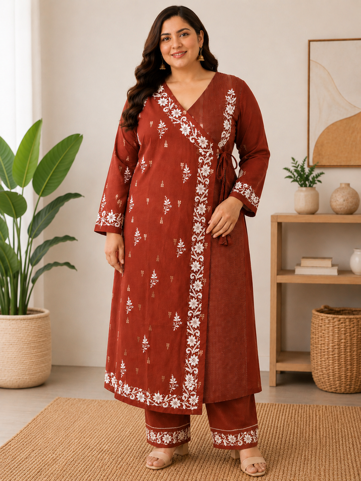 Brown cotton Chikankari Angrakha kurta pant set