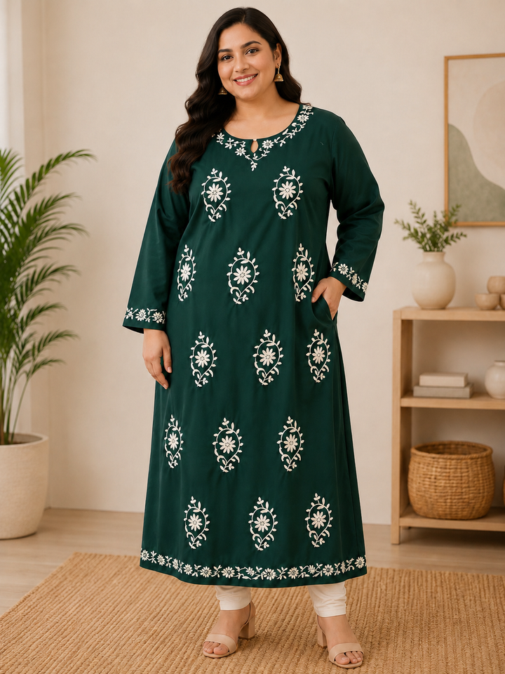 Dark green Rayon Chikankari kurta