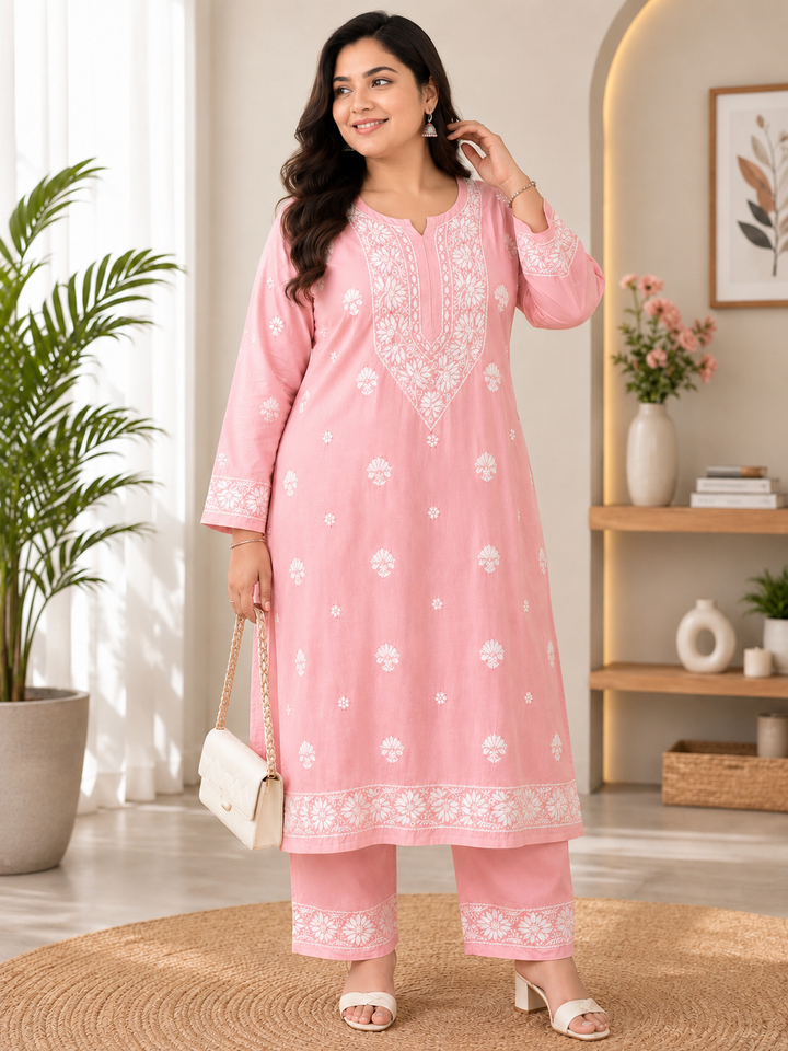 Pink Rayon Chikankari kurta pant set