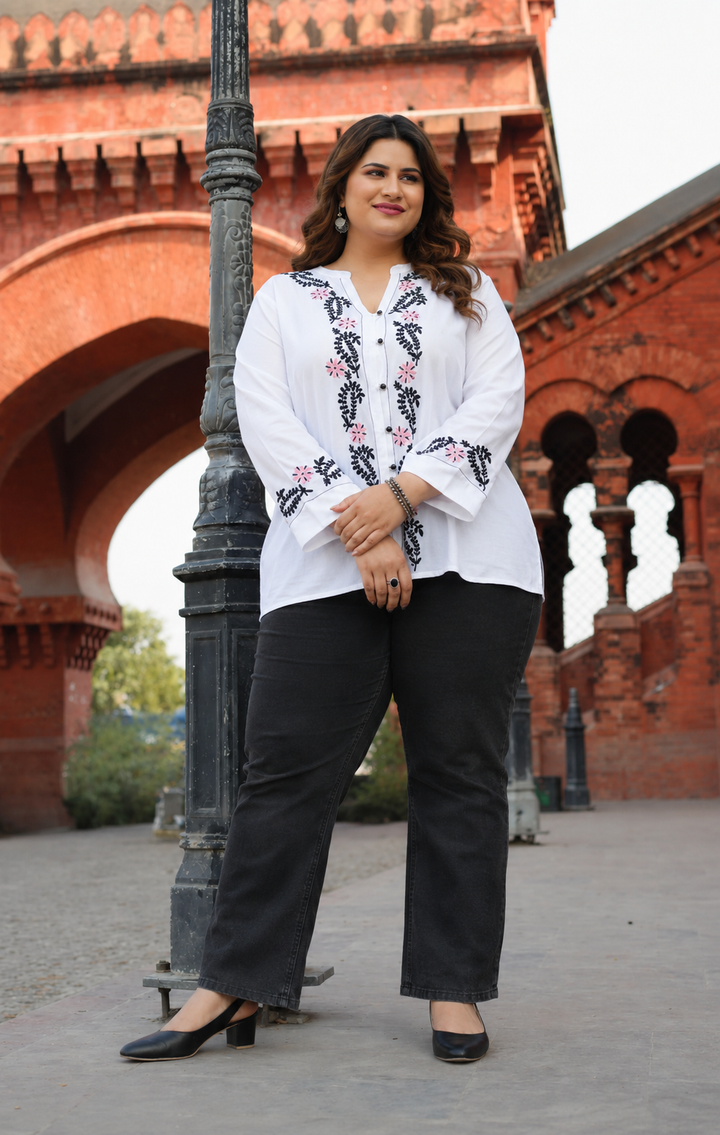 White Rayon Chikankari Short kurta -Custom Made