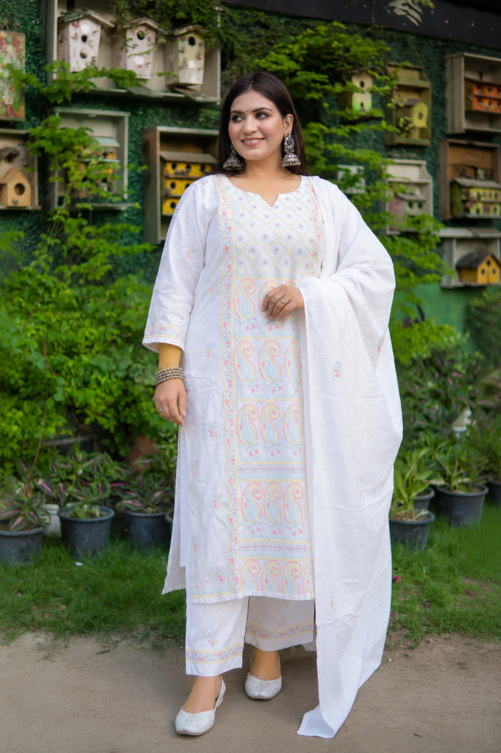 White Chanderi Chikankari Suit Set -Custom Made