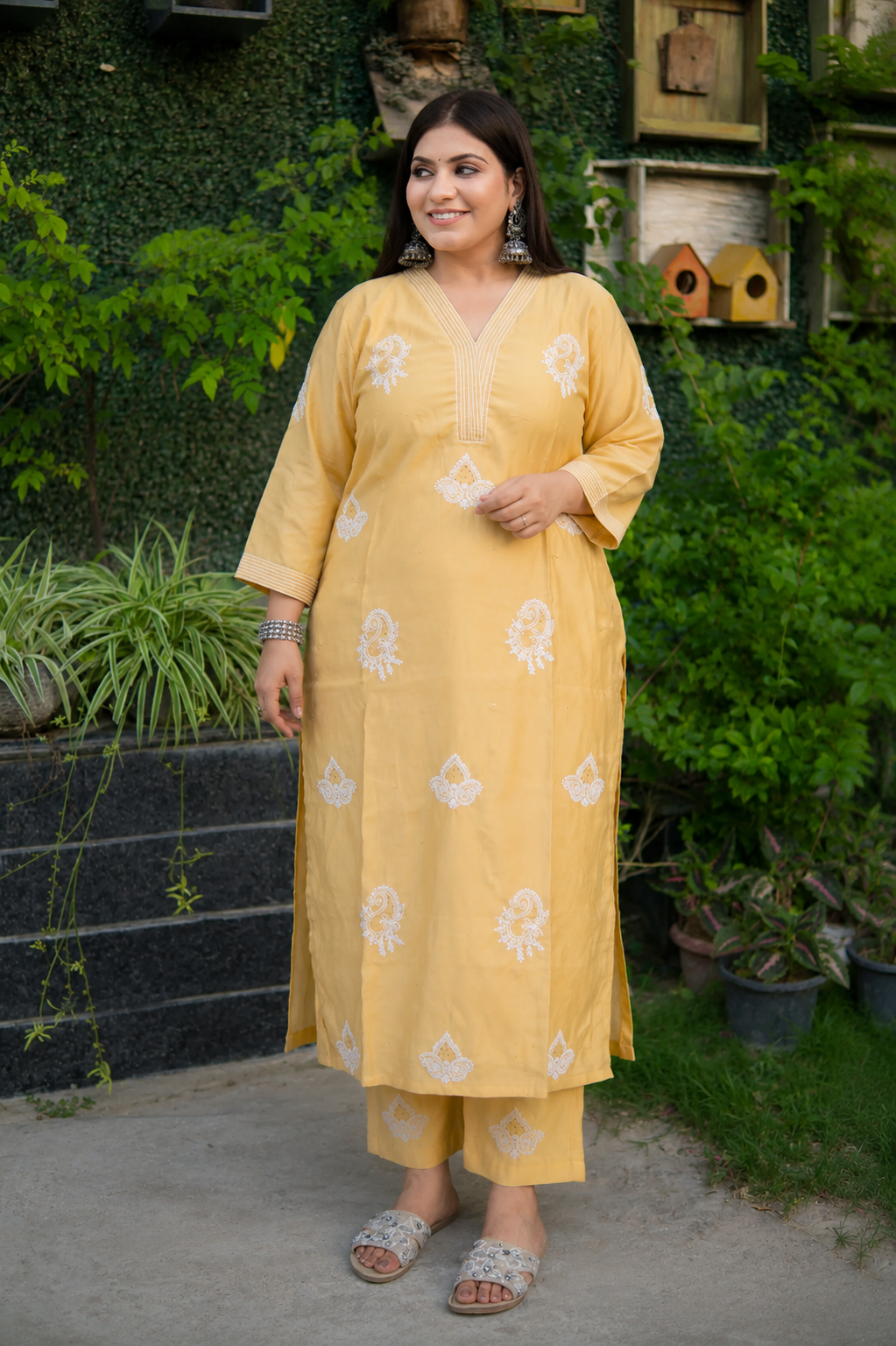 Mustard Chanderi Chikankari Set -Custom Made