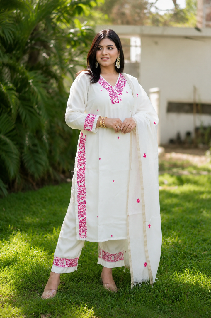 Off White Chanderi Chikankari Suit Set -Custom Made