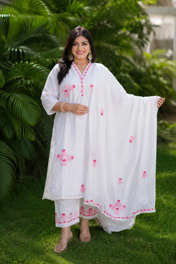 White Chanderi Chikankari Suit Set -Custom Made