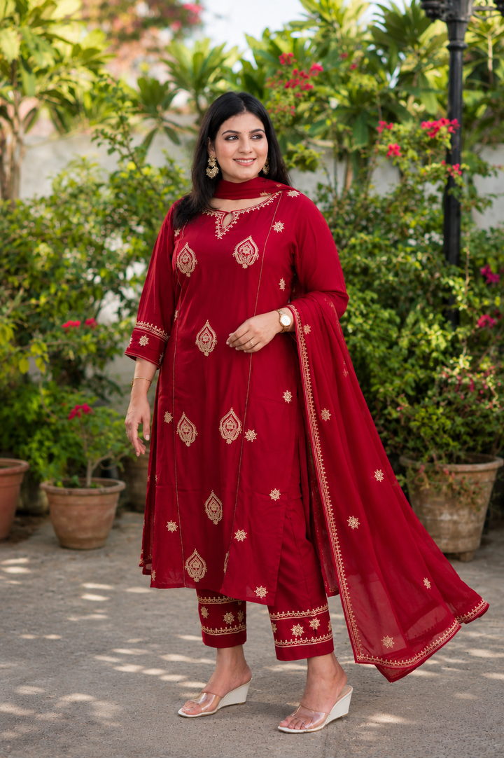 Maroon Rayon Chikankari Suit Set -Custom Made