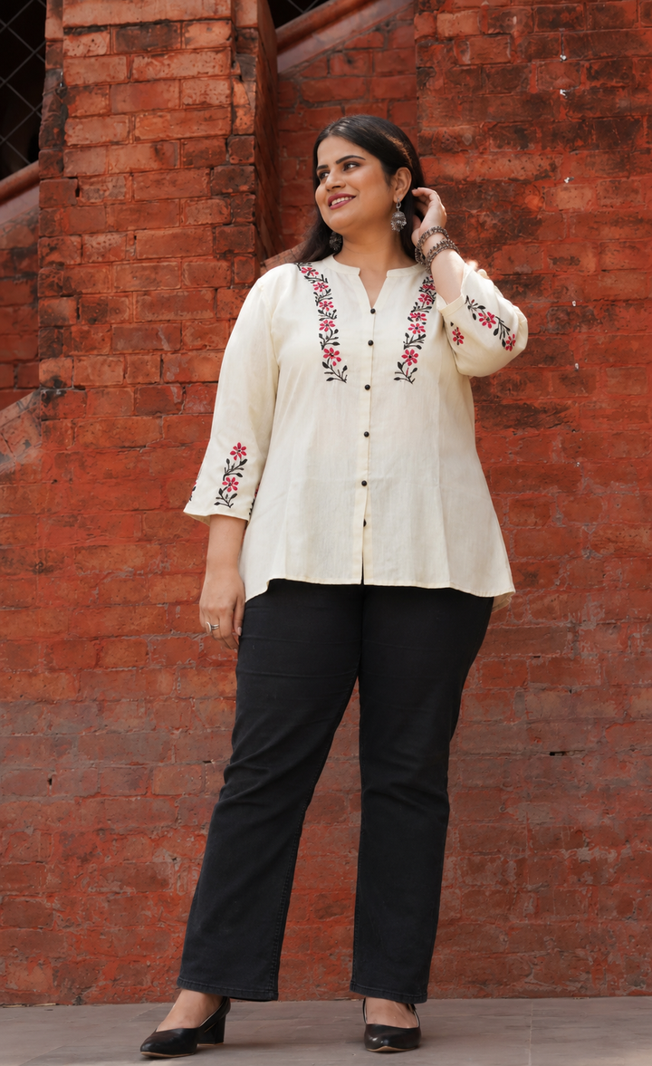 Linen Beige Chikankari Short kurta