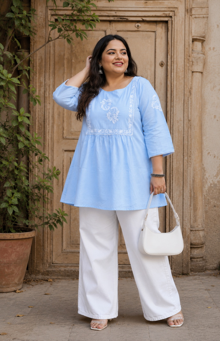 Sky Blue Chikankari Short Kurta -Custom Made