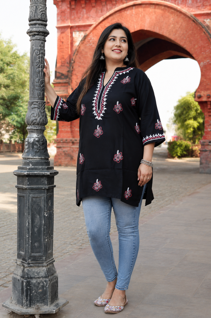 Black Rayon Chikankari Short Kurta -Custom Made