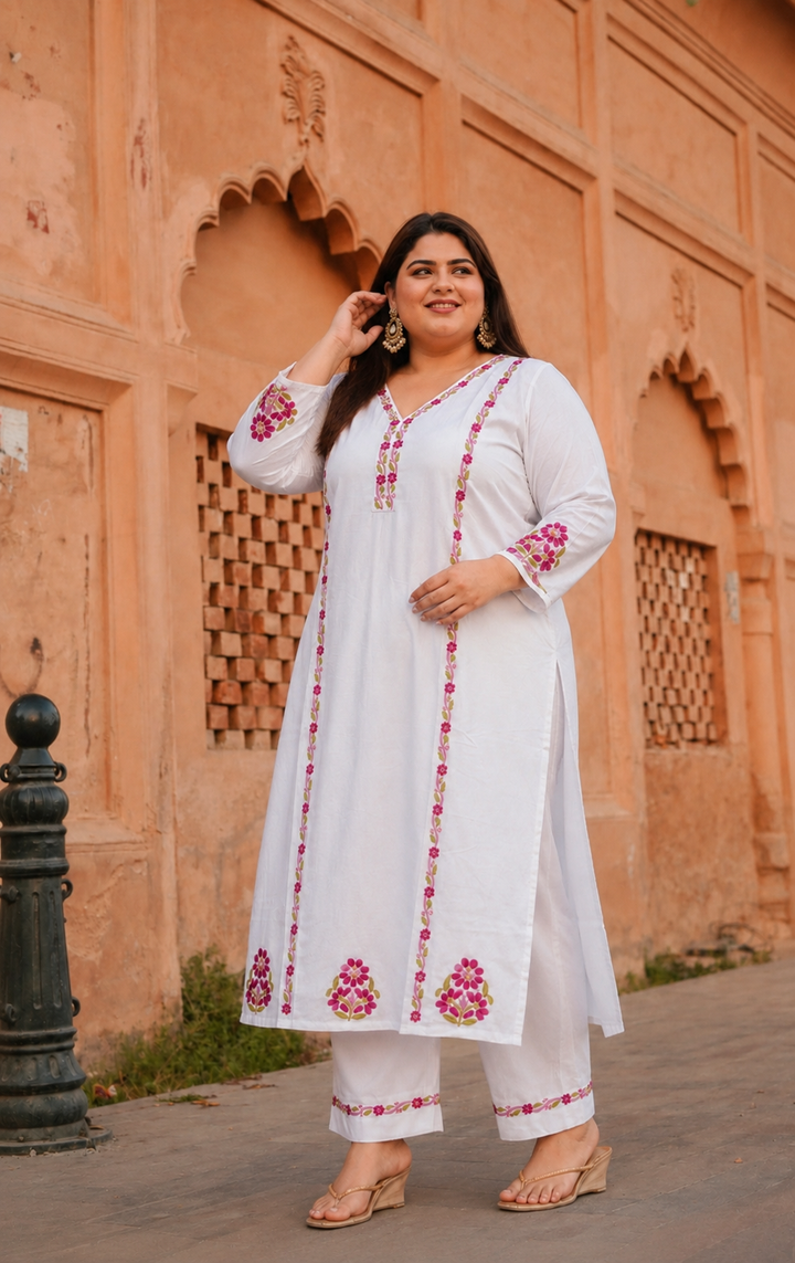 White Rayon Chikankari Kurta With Pant Set -Custom Made