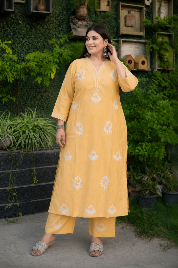 Mustard Chanderi Chikankari Set -Custom Made