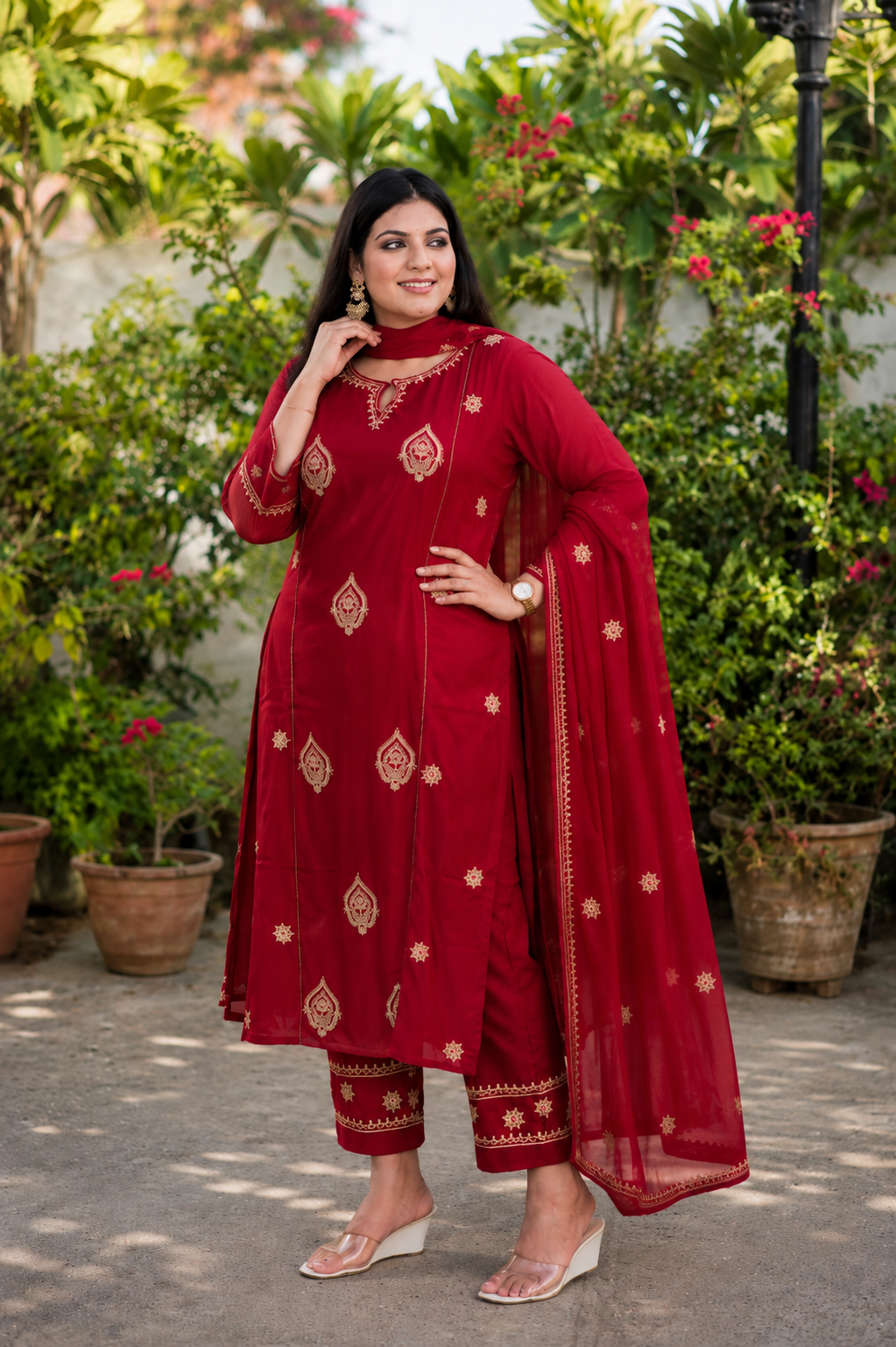 Maroon Rayon Chikankari Suit Set -Custom Made
