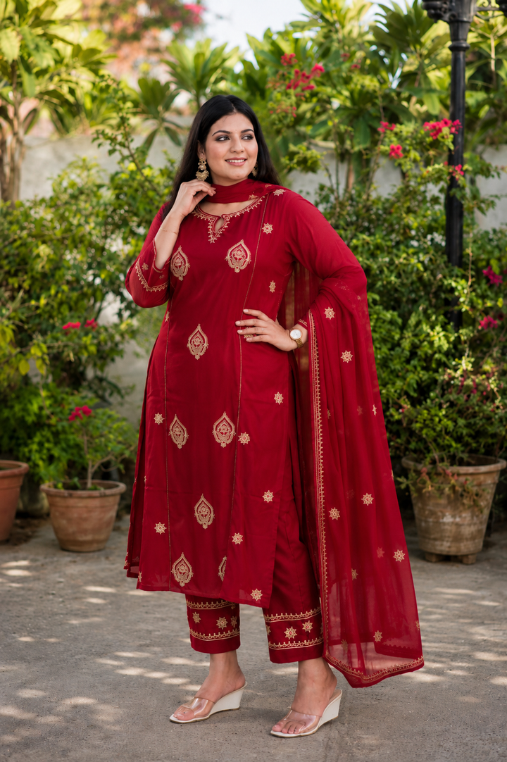 Maroon Rayon Chikankari Suit Set -Custom Made