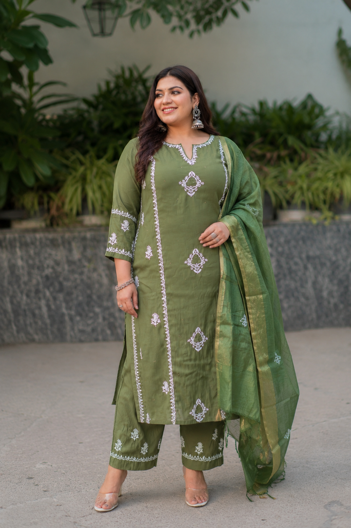 Mehndi Green Chanderi Chikankari Suit Set
