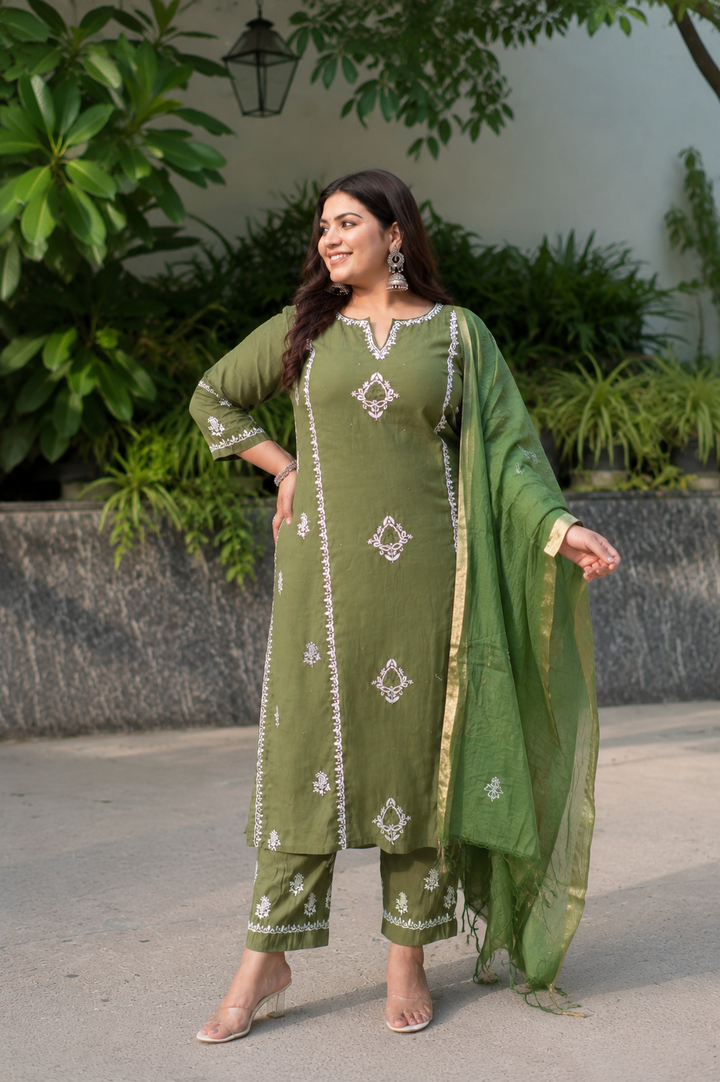 Mehndi Green Chanderi Chikankari Suit Set