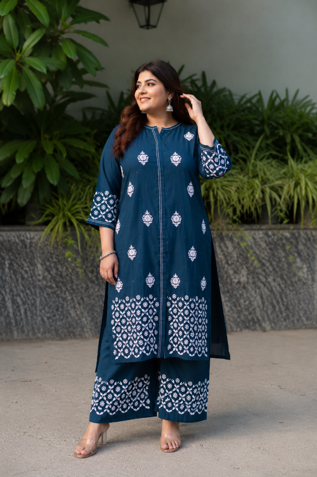 Peacock Blue Chanderi Chikankari Set
