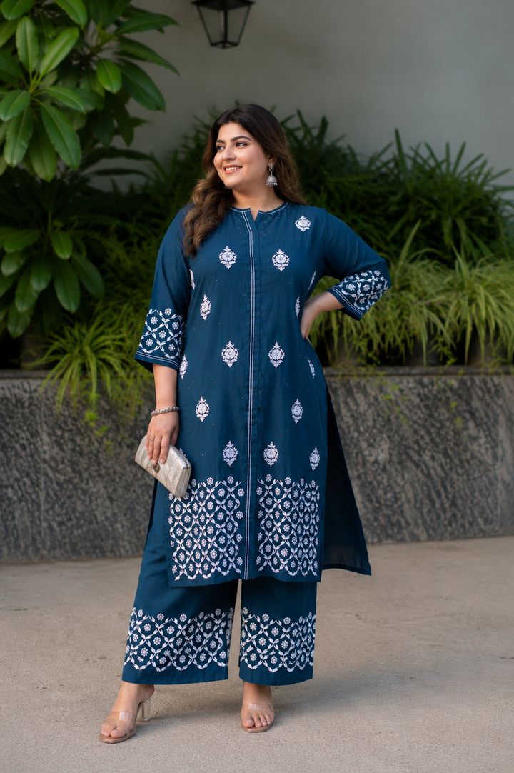 Peacock Blue Chanderi Chikankari Set
