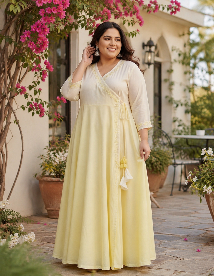 White and Yellow Modal  Angrakha Chikankari Kurta-Custom Made