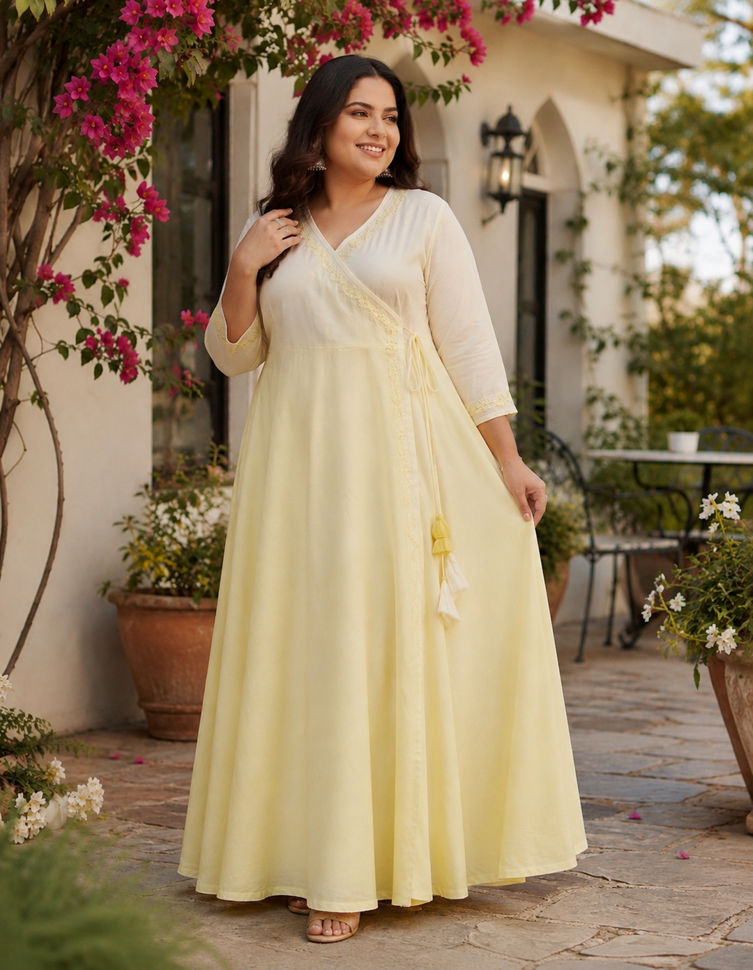 White and Yellow Modal  Angrakha Chikankari Kurta-Custom Made