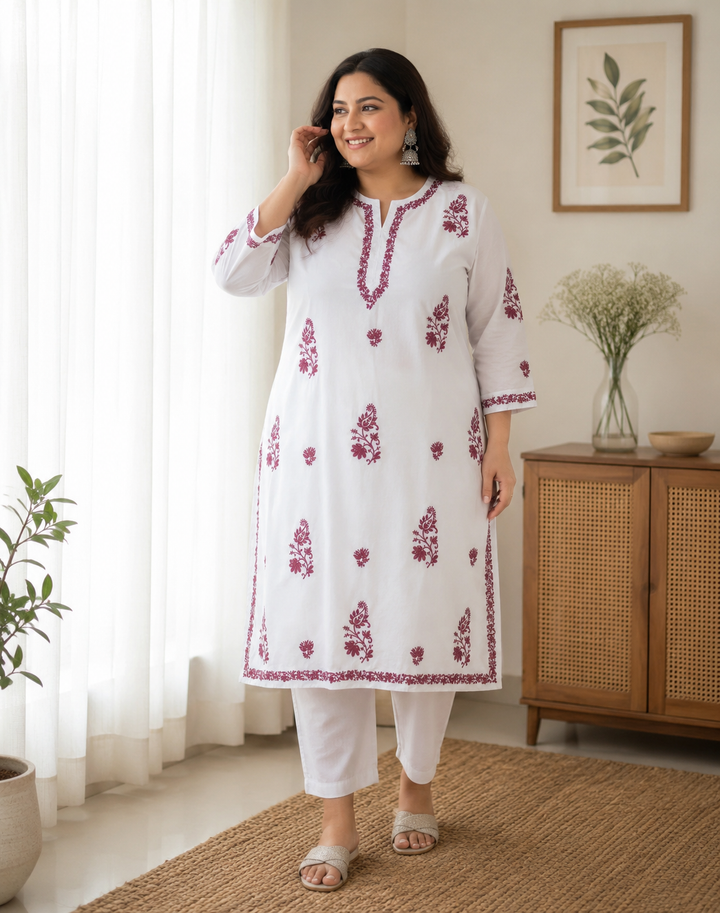 White Modal Chikankari Kurta Custom Made