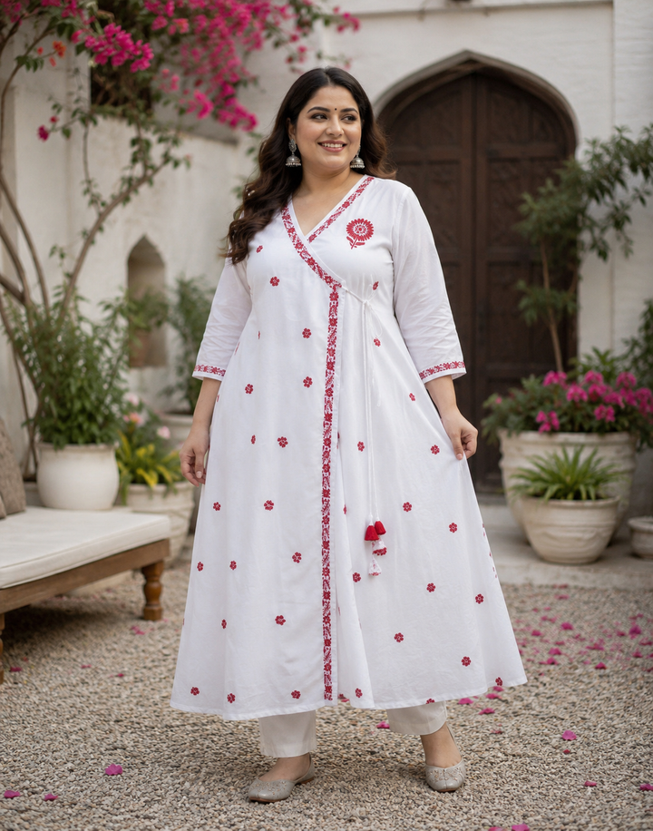White Rayon Chikankari Angrakha Kurta -Custom Made
