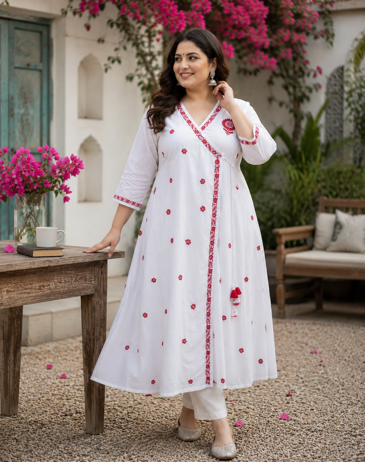 White Rayon Chikankari Angrakha Kurta -Custom Made
