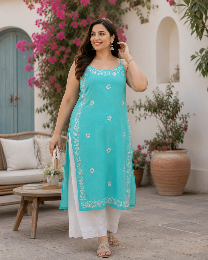 Sky Blue Rayon Chikankari Short kurta