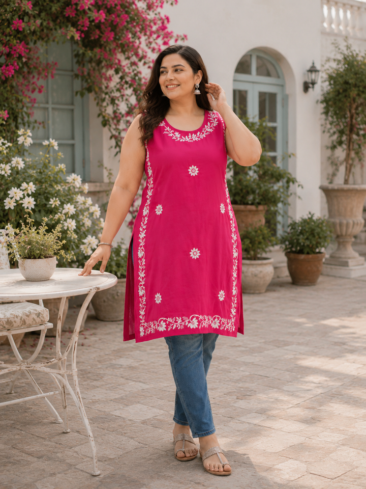 Rani Pink Rayon Chikankari Short kurta
