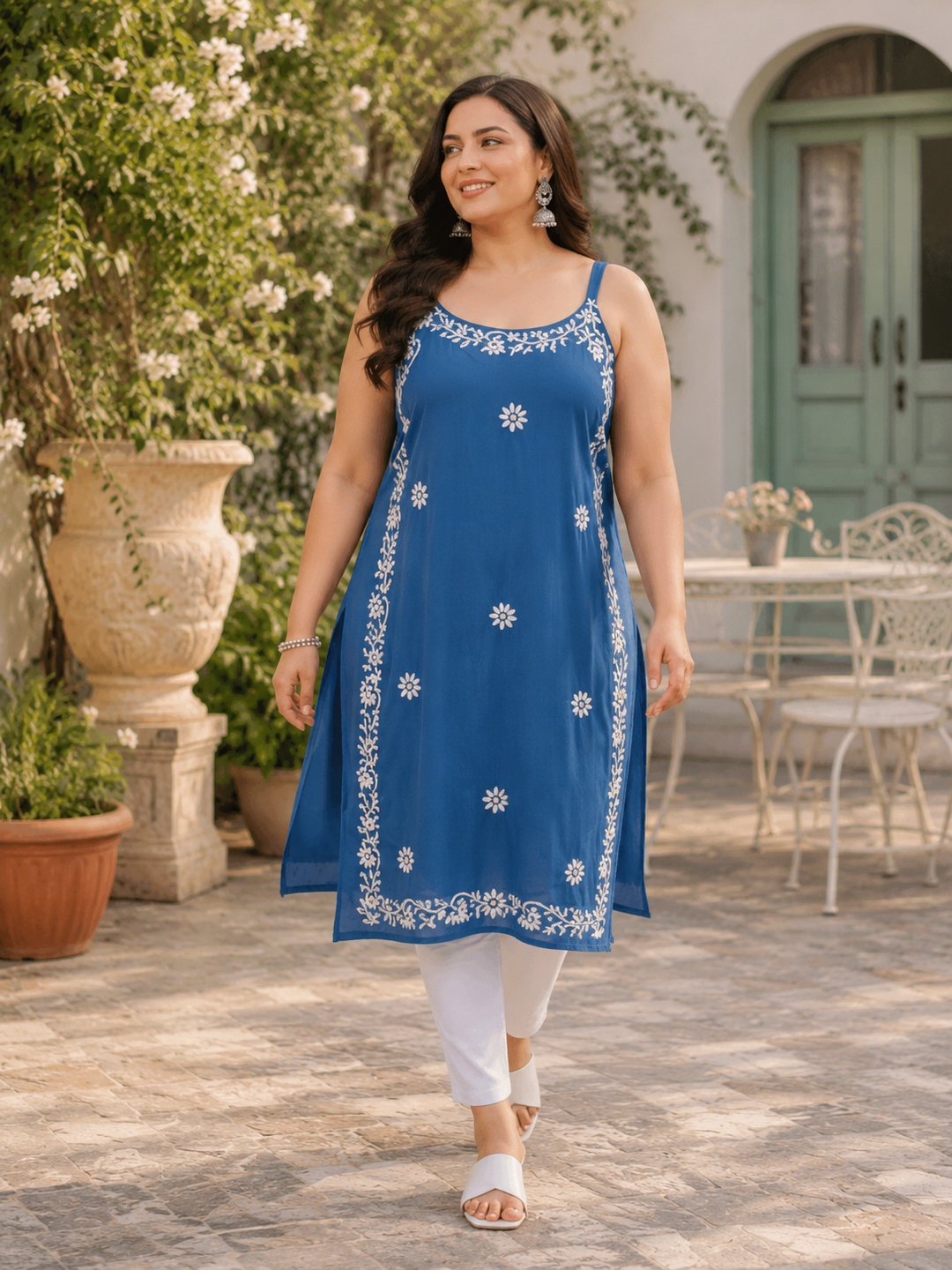Blue Rayon Chikankari Short Kurta-Custom Made