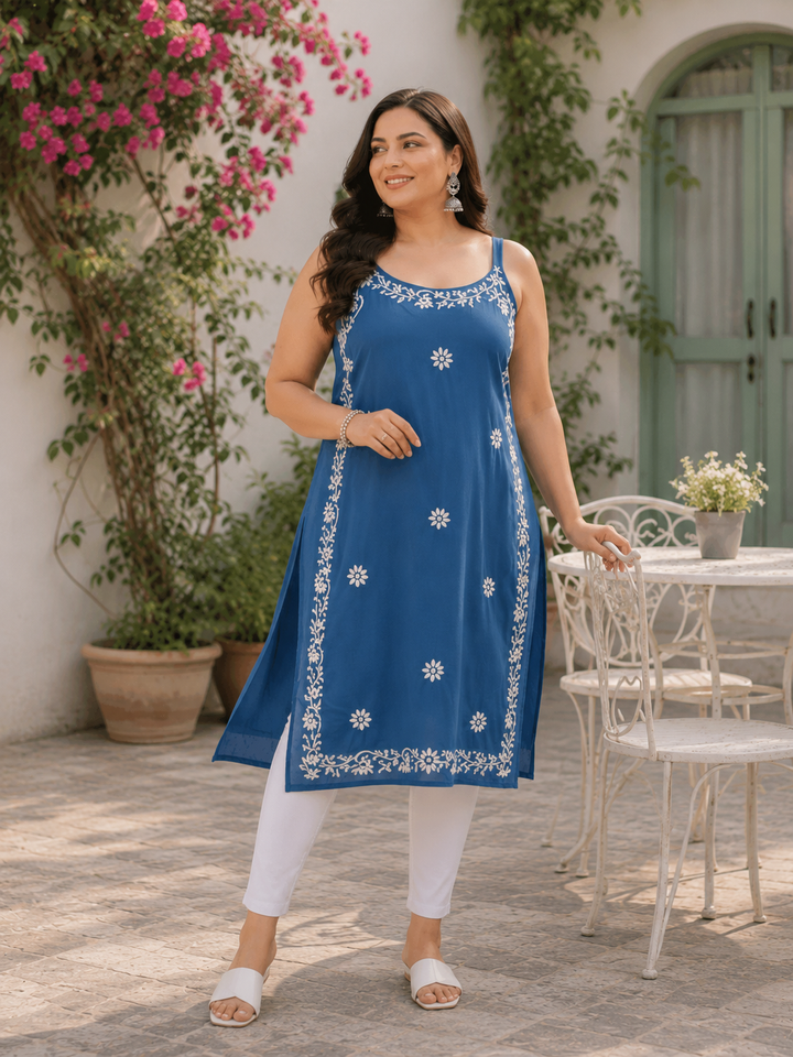 Blue Rayon Chikankari Short Kurta-Custom Made