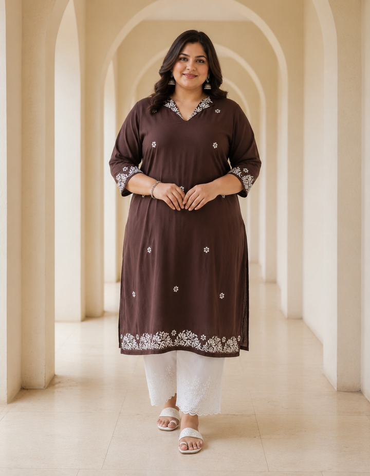 Brown Rayon Chikankari Kurta-Custom Made