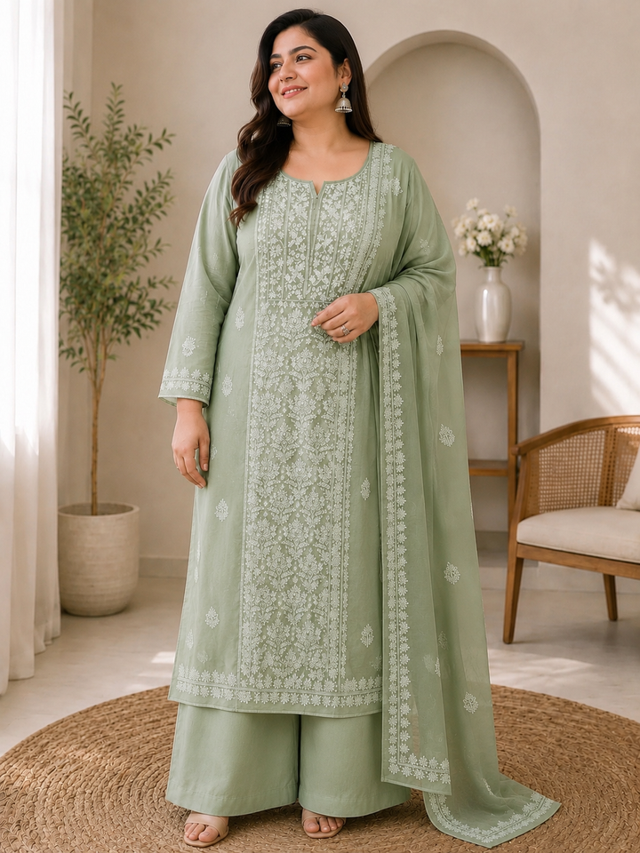 Olive green Chikankari Orzanga Kurta duppata Fabric - Custom Made