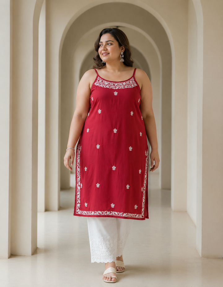 Maroon Rayon Chikankari Short kurta -Custom Made