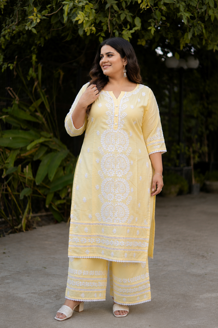 Light Yellow Chikankari Co-Ord Set-Custom Made
