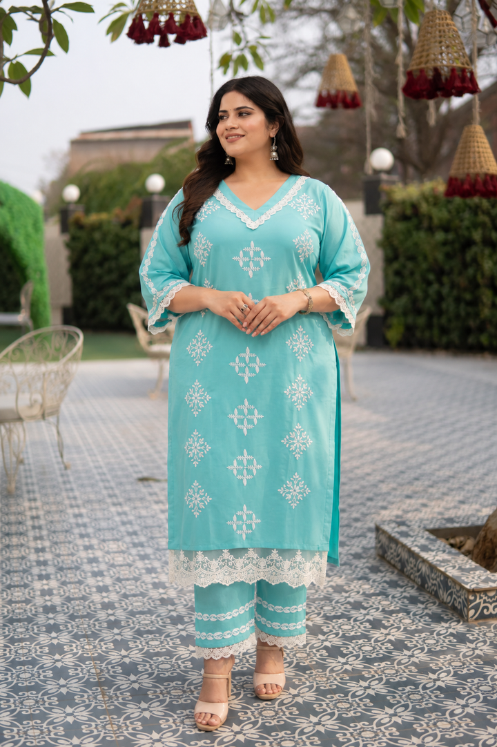 Sea blue Reyon Chikankari Kurta Pant Set