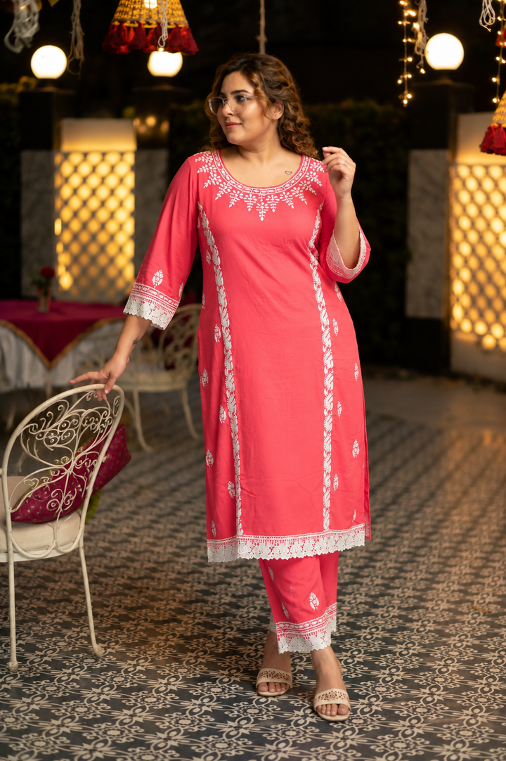 Dark Pink Reyon Chikankari Kurta