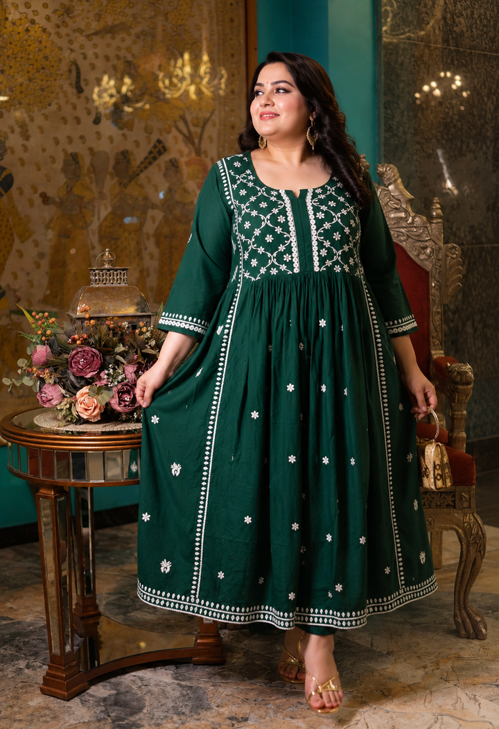 Green Rayon Chikankari A-Line Kurta with Pant Set-Custom Made